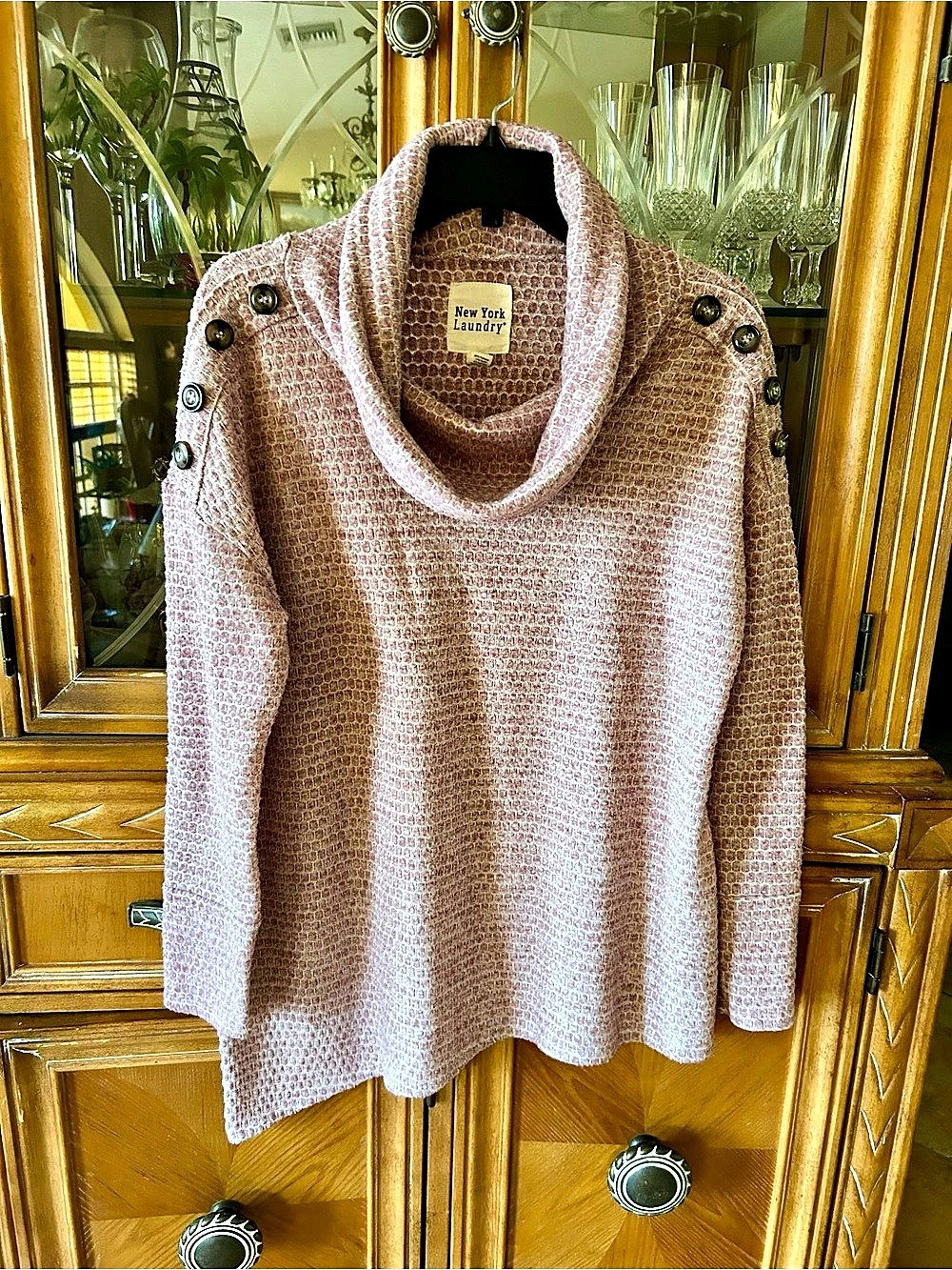 New York Laundry Textured Cowl Neck Sweater with Shoulder Buttons Pink Medium